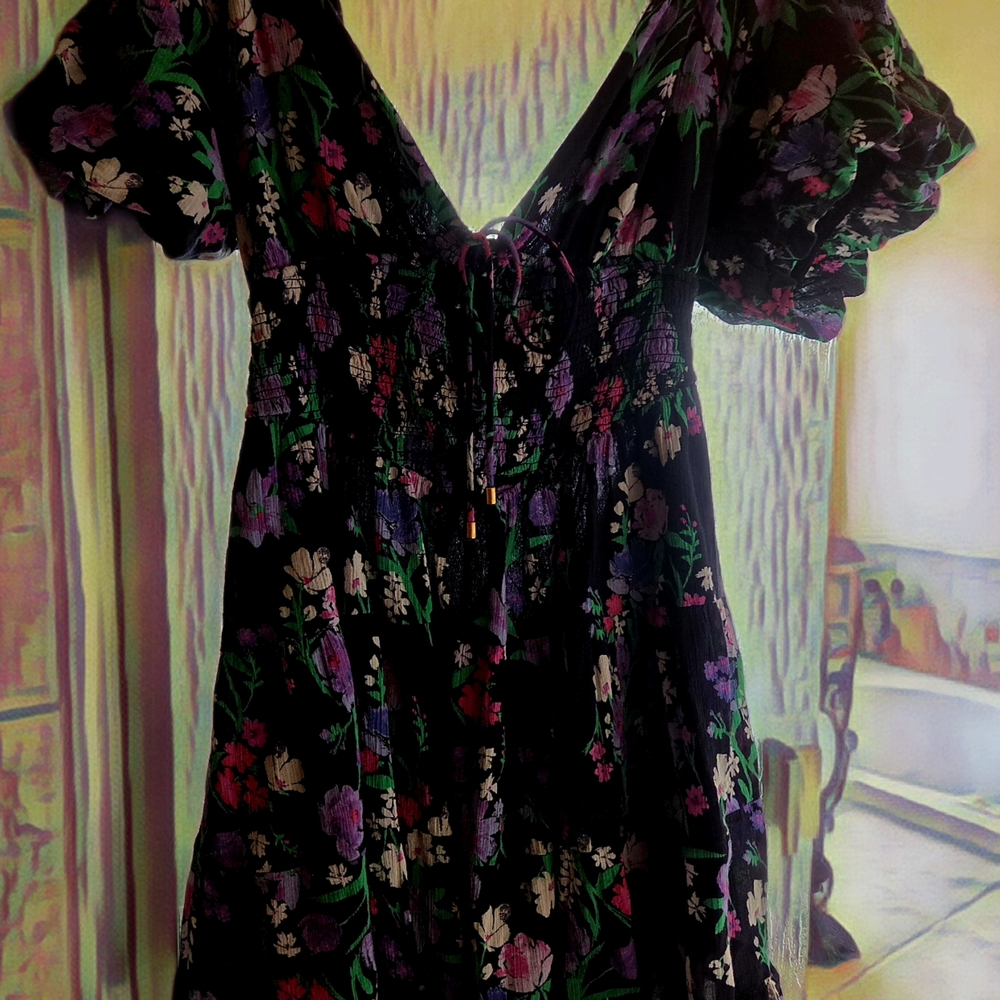 Free People Floral Midi Dress - Black and Multicolor